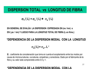 DISPERSION TOTAL vs LONGITUD DE FIBRA

                σ T 2( L) = σ c 2 ( L) + σm 2 ( L)


EN GENERAL SE EVALÚA LA DISPERSION EXPRESADA EN (ns / km) o
EN ( ps / km) Y LUEGO PARA LA LONGITUD TOTAL DE FIBRA (L en Kms.)


*DEPENDENCIA DE LA DISPERSION MODAL CON LA LONGITUD

                            σm ( L) = σm . L E

Ε: coeficiente de concatenación que toma en cuenta el acoplamiento entre los modos por
causa de microcurvaturas, curvaturas, empalmes y conectores. Dado por el fabricante de la
fibra y su valor está comprendido entre 0.5 y 1.
                                                                                       37
 