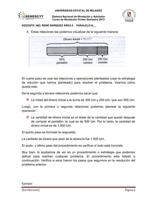 UNIVERSIDAD ESTATAL DE MILAGRO
Sistema Nacional de Nivelación y Admisión
Curso de Nivelación Primer Semestre 2013
DOCENTE: ING. RENÉ ENRÍQUEZ ÁREA:5 PARALELO:N__
[Escriba texto] Página 6
4. Estas relaciones las podemos visualizar de la siguiente manera:
El cuarto paso es usar las relaciones y operaciones planteadas (usar la estrategia
de solución que hemos planteado) para resolver el problema. Veamos cómo
queda esto:
De la segunda y tercera relaciones podemos sacar que:
La mitad del dinero inicial a la suma de 300 Um y 200 Um, que son 500 Um.
Luego, con la primera o segunda relaciones podemos plantear la siguiente
operación:
La cantidad de dinero inicial es el doble de la cantidad que quedó después
de comprar el pantalón, la cual es de 500 Um. Por lo tanto, la cantidad de
dinero inicial es de 1.000 Um.
El quinto paso es formular la respuesta:
La cantidad de dinero que sacó de la alcancía fue 1.000 Um.
El sexto, y último paso del procedimiento es verificar si todo esta concreto.
Muy bien, lo acabamos de ver es un procedimiento o estrategia que podemos
aplicar para resolver cualquier problema. El procedimiento esta listado a
continuación. Verifica si esos fueron los pasos que seguimos en la resolución del
problema anterior.
Ejemplo:
 