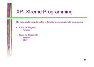 XP- Xtreme Programming
Se basa en la idea de ciclos o Iteraciones de desarrollo incremental
•

Ciclo de Negocio
– Release

•

Ciclo de Desarrollo
– Iteration
– Story

51

 