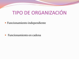 TIPO DE ORGANIZACIÓN
 Funcionamiento independiente

 Funcionamiento en cadena

 