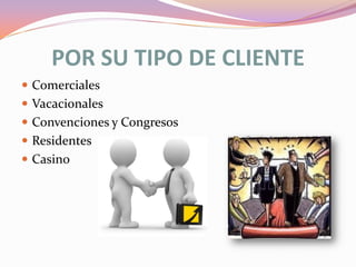 POR SU TIPO DE CLIENTE
 Comerciales
 Vacacionales
 Convenciones y Congresos
 Residentes
 Casino

 
