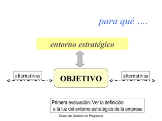 para qué ….
entorno estratégico

alternativas

OBJETIVO

alternativas

Primera evaluación: Ver la definición
a la luz del entorno estratégico de la empresa
Curso de Gestión de Proyectos

 