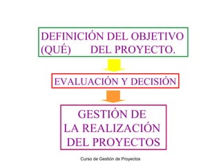 DEFINICIÓN DEL OBJETIVO
(QUÉ)
DEL PROYECTO.
EVALUACIÓN Y DECISIÓN

GESTIÓN DE
LA REALIZACIÓN
DEL PROYECTOS
Curso de Gestión de Proyectos

 