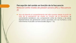 Percepción del sonido en función de la frecuencia
Relación entre niveles de presión sonora (SPL) y frecuencia
(f)
 Una vez descrito el comportamiento del oído humano desde el punto de
vista de la percepción de niveles en función de la frecuencia, es
conveniente establecer una comparación entre los mismos y las zonas
representativas de generación sonora asociada a la voz humana y a los
instrumentos musicales convencionales (figura 1.13).

 