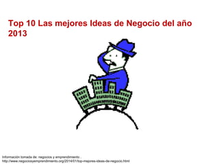 Top 10 Las mejores Ideas de Negocio del año
2013

Información tomada de: negocios y emprendimiento .
http://www.negociosyemprendimiento.org/2014/01/top-mejores-ideas-de-negocio.html

 