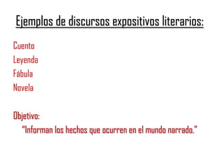 Ejemplos de discursos expositivos literarios:
Cuento
Leyenda
Fábula
Novela
Objetivo:
“Informan los hechos que ocurren en el mundo narrado.”
 
