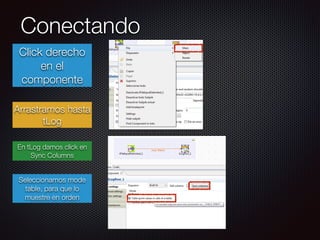 Conectando
Click derecho
en el
componente
Arrastramos hasta
tLog
En tLog damos click en
Sync Columns
Seleccionamos mode
table, para que lo
muestre en orden
 