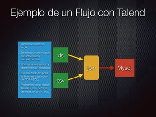 Ejemplo de un Flujo con Talend
xls
csv
Mysqljoin
1. Tenemos un archivo
excel.
2. Tenemos un archivo cdv
con información
complementaria.
3. Unimos la información y
obtenemos un resultado.
4. Ese resultado temporal
lo llevamos a un motor
de BD MySQL.
5. Podríamos como opción
llevarlo a otro motor, a
un excel, en un txt, etc.
 