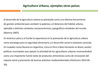 Agricultura Urbana, ejemplos otros países
El desarrollo de la agricultura urbana es planteado como una efectiva herramienta
de gestión ambiental para combatir la pobreza y el deterioro del hábitat urbano,
aplicable a distintos contextos socioeconómicos y geográficos alrededor del mundo
(Moreno 2007).
En América Latina y el Caribe la experiencia en la promoción de la agricultura urbana
como estrategia para la seguridad alimentaria y el desarrollo social es bastante conocida.
En ciudades como Rosario en Argentina, Lima en Perú o Belo Horizonte en Brasil, existen
políticas municipales que apoyan la actividad de los agricultores urbanos reconociéndola
como una importante fuente tanto de productos alimenticios como de renovación del
espacio social y promoción de buenas prácticas medioambientales (Heitmann 2014:26-
36).
 