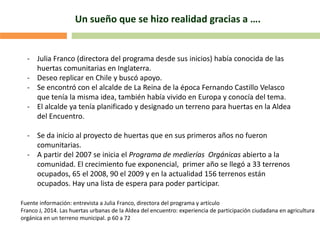 - Julia Franco (directora del programa desde sus inicios) había conocida de las
huertas comunitarias en Inglaterra.
- Deseo replicar en Chile y buscó apoyo.
- Se encontró con el alcalde de La Reina de la época Fernando Castillo Velasco
que tenía la misma idea, también había vivido en Europa y conocía del tema.
- El alcalde ya tenía planificado y designado un terreno para huertas en la Aldea
del Encuentro.
- Se da inicio al proyecto de huertas que en sus primeros años no fueron
comunitarias.
- A partir del 2007 se inicia el Programa de medierías Orgánicas abierto a la
comunidad. El crecimiento fue exponencial, primer año se llegó a 33 terrenos
ocupados, 65 el 2008, 90 el 2009 y en la actualidad 156 terrenos están
ocupados. Hay una lista de espera para poder participar.
Fuente información: entrevista a Julia Franco, directora del programa y artículo
Franco J, 2014. Las huertas urbanas de la Aldea del encuentro: experiencia de participación ciudadana en agricultura
orgánica en un terreno municipal. p 60 a 72
Un sueño que se hizo realidad gracias a ….
 