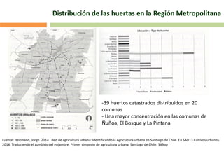 Distribución de las huertas en la Región Metropolitana
Fuente: Heitmann, Jorge. 2014. Red de agricultura urbana: Identificando la Agricultura urbana en Santiago de Chile. En SAU13 Cultivos urbanos.
2014. Traduciendo el zumbido del enjambre. Primer simposio de agricultura urbana. Santiago de Chile. 349pp
-39 huertos catastrados distribuidos en 20
comunas
- Una mayor concentración en las comunas de
Ñuñoa, El Bosque y La Pintana
 