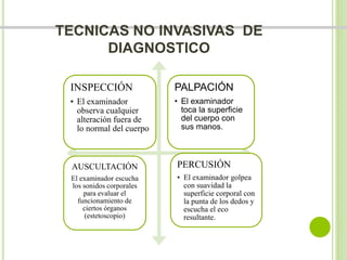 TECNICAS NO INVASIVAS DE 
DIAGNOSTICO 
INSPECCIÓN 
• El examinador 
observa cualquier 
alteración fuera de 
lo normal del cuerpo 
PALPACIÓN 
• El examinador 
toca la superficie 
del cuerpo con 
sus manos. 
PERCUSIÓN 
• El examinador golpea 
con suavidad la 
superficie corporal con 
la punta de los dedos y 
escucha el eco 
resultante. 
AUSCULTACIÓN 
El examinador escucha 
los sonidos corporales 
para evaluar el 
funcionamiento de 
ciertos órganos 
(estetoscopio) 
 