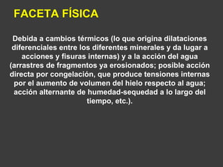 FACETA FÍSICA 
Debida a cambios térmicos (lo que origina dilataciones 
diferenciales entre los diferentes minerales y da lugar a 
acciones y fisuras internas) y a la acción del agua 
(arrastres de fragmentos ya erosionados; posible acción 
directa por congelación, que produce tensiones internas 
por el aumento de volumen del hielo respecto al agua; 
acción alternante de humedad-sequedad a lo largo del 
tiempo, etc.). 
 