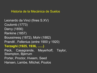 Historia de la Mecánica de Suelos 
Leonardo da Vinci (fines S.XV) 
Coulomb (1773) 
Darcy (1856) 
Rankine (1857) 
Boussinesq (1872), Mohr (1882) 
Prandtl , Fellenius (entre 1900 y 1920) 
Terzaghi (1925, 1936, ......) 
Peck, Casagrande, Meyerhoff, Taylor, 
Skempton, Bjerrum 
Porter, Proctor, Hveem, Seed 
Hansen, Lambe, Mitchel, Poulos 
 