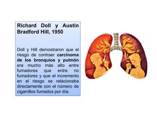 Richard Doll y Austin
Bradford Hill, 1950
Doll y Hill demostraron que el
riesgo de contraer carcinoma
de los bronquios y pulmón
era mucho más alto entre
fumadores que entre no
fumadores y que el incremento
en el riesgo se relacionaba
directamente con el número de
cigarrillos fumados por día.
 