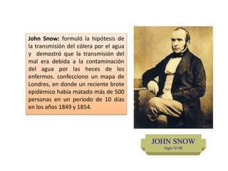 John Snow: formuló la hipótesis de
la transmisión del cólera por el agua
y demostró que la transmisión del
mal era debida a la contaminación
del agua por las heces de los
enfermos. confecciono un mapa de
Londres, en donde un reciente brote
epidémico había matado más de 500
personas en un período de 10 días
en los años 1849 y 1854.
JOHN SNOW
Siglo XVIII
 