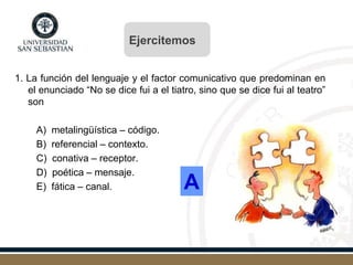 1. La función del lenguaje y el factor comunicativo que predominan en
el enunciado “No se dice fui a el tiatro, sino que se dice fui al teatro”
son
A) metalingüística – código.
B) referencial – contexto.
C) conativa – receptor.
D) poética – mensaje.
E) fática – canal. A
Ejercitemos
 