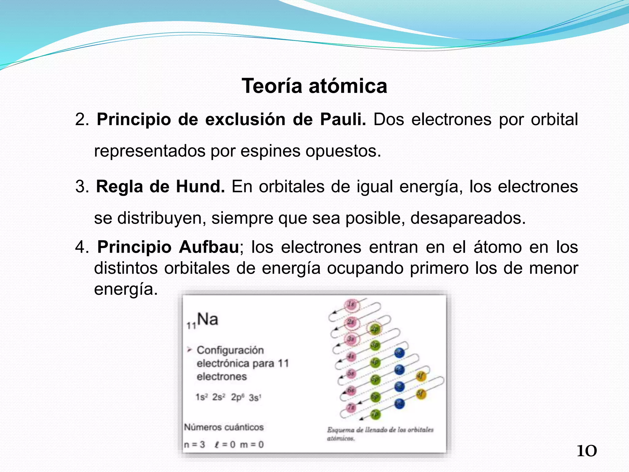 Teoría atómica
2. Principio de exclusión de Pauli. Dos electrones por orbital
representados por espines opuestos.
3. Regla de Hund. En orbitales de igual energía, los electrones
se distribuyen, siempre que sea posible, desapareados.
4. Principio Aufbau; los electrones entran en el átomo en los
distintos orbitales de energía ocupando primero los de menor
energía.
10
 