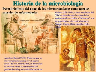 Historia de la microbiologíaHistoria de la microbiología
Descubrimiento del papel de los microorganismos como agentesDescubrimiento del papel de los microorganismos como agentes
causales de enfermedades.causales de enfermedades. Galeno (129-199), y hasta mediados del
XIX se pensaba que la causa de las
enfermedades se debía a “Miasmas” o al
desequilibrio en lo cuatro humores:
Sangre, Flema, Bilis amarillo, Bilis
negra.
Agostino Bassi (1835). Observa que un
microorganismo puede ser el agente
causal de una enfermedad, al demostrar
su relación entre la enfermedad del
gusano de seda y una afección micótica
 