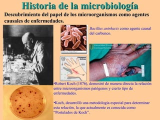 Historia de la microbiologíaHistoria de la microbiología
Descubrimiento del papel de los microorganismos como agentesDescubrimiento del papel de los microorganismos como agentes
causales de enfermedades.causales de enfermedades.
•Robert Koch (1876), demostró de manera directa la relación
entre microorganismos patógenos y cierto tipo de
enfermedades.
•Koch, desarrolló una metodología especial para determinar
esta relación, la que actualmente es conocida como
“Postulados de Koch”.
Bacillus antrhacis como agente causal
del carbunco.
 