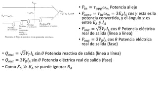 • 𝑄 𝑜𝑢𝑡 = 3𝑉𝑇 𝐼𝐿 sin 𝜃 Potencia reactiva de salida (línea a línea)
• 𝑄 𝑜𝑢𝑡 = 3𝑉∅ 𝐼𝐴 sin 𝜃 Potencia eléctrica real de salida (fase)
• Como 𝑋𝑆 ≫ 𝑅 𝐴 se puede ignorar 𝑅 𝐴
• 𝑃𝑖𝑛 = 𝜏 𝑎𝑝𝑝 𝜔 𝑚 Potencia al eje
• 𝑃𝑐𝑜𝑛𝑣 = 𝜏𝑖𝑛 𝜔 𝑚 = 3𝐸𝐴 𝐼𝐴 cos 𝛾 esta es la
potencia convertida, y el ángulo 𝛾 es
entre 𝐸𝐴 𝑦 𝐼 𝐴
• 𝑃𝑜𝑢𝑡 = 3𝑉𝑇 𝐼𝐿 cos 𝜃 Potencia eléctrica
real de salida (línea a línea)
• 𝑃𝑜𝑢𝑡 = 3𝑉∅ 𝐼𝐴 cos 𝜃 Potencia eléctrica
real de salida (fase)
 