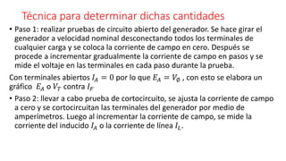 Técnica para determinar dichas cantidades
• Paso 1: realizar pruebas de circuito abierto del generador. Se hace girar el
generador a velocidad nominal desconectando todos los terminales de
cualquier carga y se coloca la corriente de campo en cero. Después se
procede a incrementar gradualmente la corriente de campo en pasos y se
mide el voltaje en las terminales en cada paso durante la prueba.
Con terminales abiertos 𝐼𝐴 = 0 por lo que 𝐸𝐴 = 𝑉∅ , con esto se elabora un
gráfico 𝐸𝐴 o 𝑉𝑇 contra 𝐼 𝐹
• Paso 2: llevar a cabo prueba de cortocircuito, se ajusta la corriente de campo
a cero y se cortocircuitan las terminales del generador por medio de
amperímetros. Luego al incrementar la corriente de campo, se mide la
corriente del inducido 𝐼𝐴 o la corriente de línea 𝐼𝐿.
 