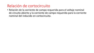 Relación de cortocircuito
• Relación de la corriente de campo requerida para el voltaje nominal
de circuito abierto y la corriente de campo requerida para la corriente
nominal del inducido en cortocircuito.
 