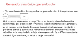 Generador sincrónico operando solo
• Efecto de los cambios de carga sobre un generador sincrónico que opera solo
Qué ocurre al incrementar la carga ? Incrementa potencia real o la reactiva
suministrada por el generador. →Aumenta la corriente tomada del generador.
Al no cambiar la resistencia de campo, la corriente de campo es constante y
por ende, el flujo ø es contante. Al mantener el motor primario constante su
velocidad ω, la magnitud del voltaje interno generado 𝐸𝐴 = 𝐾∅𝜔 es constante.
Ahora si 𝐸𝐴 es constante, al variar la carga, qué varía?
 