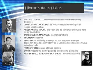 • WILLIAM GILBERT: Clasificó los materiales en conductores y
aislantes
• CHARLES DE COULOMB: las fuerzas eléctricas de cargas en
reposo (electrostática)
• ALESSANDRO VOLTA: pila y con ella da comienzo el estudio de la
corriente eléctrica
• JAMES CLERK MAXWELL: electromagnetismo
• THOMSON: electrón
• EINSTEIN: el espacio y el tiempo no son absolutos sino que
dependen de cada observador y de la velocidad con la que se mueva
este observador
• RUTHERFORD: núcleo atómico positivo
• BOHR: modelo del átomo parecido a un sistema planetario
• HEISENBERG, SCHODINGER Y DIRAC: mecánica cuantica
Historia de la Física
 