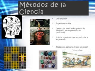 Métodos de la
Ciencia
• Observación
• Experimentación
• Deducción teórica (Propuesta de
Modelos) (de lo general a lo
particular)
• Juicios inductivos (de lo particular a
lo general)
• Trabajo en conjunto (valor universal)
 