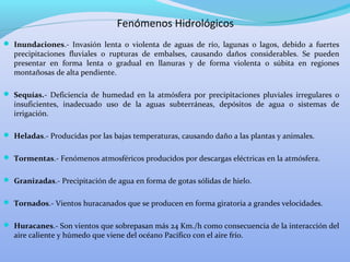 Fenómenos Hidrológicos
 Inundaciones.- Invasión lenta o violenta de aguas de río, lagunas o lagos, debido a fuertes
precipitaciones fluviales o rupturas de embalses, causando daños considerables. Se pueden
presentar en forma lenta o gradual en llanuras y de forma violenta o súbita en regiones
montañosas de alta pendiente.
 Sequías.- Deficiencia de humedad en la atmósfera por precipitaciones pluviales irregulares o
insuficientes, inadecuado uso de la aguas subterráneas, depósitos de agua o sistemas de
irrigación.
 Heladas.- Producidas por las bajas temperaturas, causando daño a las plantas y animales.
 Tormentas.- Fenómenos atmosféricos producidos por descargas eléctricas en la atmósfera.
 Granizadas.- Precipitación de agua en forma de gotas sólidas de hielo.
 Tornados.- Vientos huracanados que se producen en forma giratoria a grandes velocidades.
 Huracanes.- Son vientos que sobrepasan más 24 Km./h como consecuencia de la interacción del
aire caliente y húmedo que viene del océano Pacífico con el aire frío.
 
