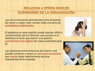 Las comunicaciones ascendentes entre directivos,
de menor a mayor nivel, revelan toda una serie de
ansiedades profesionales.
El problema en esta relación puede resultar difícil o
comprometido para el Gerente, que se pone a la
defensiva al tener que asumir una postura
subordinada ante alguien de mayor autoridad para
él.
Las relaciones entre directivos del mismo nivel
pueden contener a veces un elemento competitivo
que impide tratar abiertamente asuntos
importantes de la empresa
 