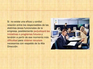 Si no existe una eficaz y cordial
relación entre los responsables de las
distintas áreas funcionales de la
empresa, posiblemente perjudicará las
iniciativas o programas futuros y
tendrán a partir de ese momento más
dificultad para obtener recursos
necesarios con respaldo de la Alta
Dirección.
 