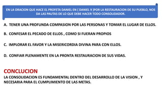 EN LA ORACION QUE HACE EL PROFETA DANIEL EN { DANIEL 9 }POR LA RESTAURACION DE SU PUEBLO, NOS
DA LAS PAUTAS DE LO QUE DEBE HACER TODO CONSOLIDADOR.
A. TENER UNA PROFUNDA COMPASION POR LAS PERSONAS Y TOMAR EL LUGAR DE ELLOS.
B. CONFESAR EL PECADO DE ELLOS , COMO SI FUERAN PROPIOS
C. IMPLORAR EL FAVOR Y LA MISERICORDIA DIVINA PARA CON ELLOS.
D. CONFIAR PLENAMENTE EN LA PRONTA RESTAURACION DE SUS VIDAS.
CONCLUCION
LA CONSOLIDACION ES FUNDAMENTAL DENTRO DEL DESARROLLO DE LA VISION , Y
NECESARIA PARA EL CUMPLIMIENTO DE LAS METAS.
 