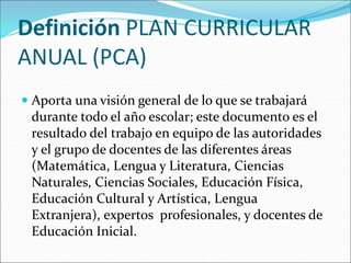 Definición PLAN CURRICULAR
ANUAL (PCA)
 Aporta una visión general de lo que se trabajará
durante todo el año escolar; este documento es el
resultado del trabajo en equipo de las autoridades
y el grupo de docentes de las diferentes áreas
(Matemática, Lengua y Literatura, Ciencias
Naturales, Ciencias Sociales, Educación Física,
Educación Cultural y Artística, Lengua
Extranjera), expertos profesionales, y docentes de
Educación Inicial.
 