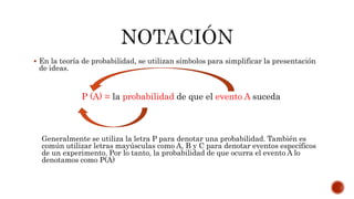  En la teoría de probabilidad, se utilizan símbolos para simplificar la presentación
de ideas.
P (A) = la probabilidad de que el evento A suceda
Generalmente se utiliza la letra P para denotar una probabilidad. También es
común utilizar letras mayúsculas como A, B y C para denotar eventos específicos
de un experimento. Por lo tanto, la probabilidad de que ocurra el evento A lo
denotamos como P(A)
 