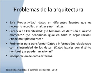 Tecnologías Aplicadas a Business Intelligence - 2012
Problemas de la arquitectura
• Baja Productividad: datos en diferentes fuentes que es
necesario recopilar, analizar y normalizar.
• Carencia de Credibilidad: ¿se tomaron los datos en el mismo
momento? ¿se denominan igual en toda la organización?
¿tiene múltiples fuentes?
• Problemas para transformar Datos a Información: relacionado
con la integridad de los datos. ¿Datos iguales con distinto
nombre? ¿se pueden relacionar?
• Incorporación de datos externos.
 