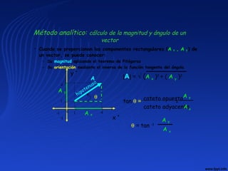 • Cuando se proporcionan las componentes rectangulares (A x , A y ) de
un vector, se puede conocer:
– Su magnitud aplicando el teorema de Pitágoras
– Su orientación mediante el inverso de la función tangente del ángulo.
A y
A
0 1 4
1
-1
-1
ll
l l l
3
x +
y +
A x
hipotenusa
θ
|A| = √ (A x )2
+ ( A y )2
θ = tan -1
A y
A x
tan θ = cateto opuesto
cateto adyacente
A y
A x
=
Método analítico: cálculo de la magnitud y ángulo de un
vector
 
