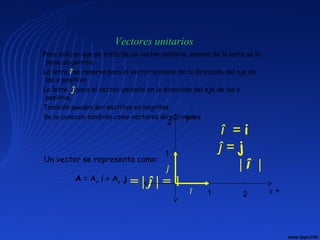 Vectores unitarios
Para indicar que se trata de un vector unitario, encima de la letra se le
pone un gorrito.
La letra î se reserva para el vector unitario en la dirección del eje de
las x positivo
La letra ĵ para el vector unitario en la dirección del eje de las y
positivo.
También pueden ser escritos en negritas.
Se le conocen también como vectores direccionales
î = i
ĵ = j
| î |
= | ĵ | = 1
1 2
1
2
î
ĵ
x +
y +
Un vector se representa como:
A = Ax i + Ay j
 