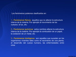 Los fenómenos podemos clasificarlos en:
1.- Fenómenos físicos, aquellos que no alteran la estructura
interna de la materia. Por ejemplo el movimiento de los
cuerpos, la luz, etc.
2.- Fenómenos químicos, estos cambios alteran la estructura
interna de la materia. Por ejemplo la combustión de un papel,
la oxidación de un metal, etc.
3.- Fenómenos biológicos, son aquellos que suceden en los
organismos vivientes tales como el nacimiento de una planta,
el desarrollo del cuerpo humano, las enfermedades entre
otras.
 