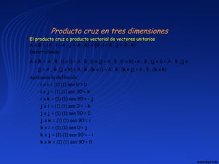 Producto cruz en tres dimensiones
El producto cruz o producto vectorial de vectores unitarios
A x B = (A x i + A y j + A z k) x (B x i + B y j + B z k)
Desarrollando:
A x B = A x B x (i x i) + A x B y (i x j) + A x B z (i x k) +A y B x (j x i) + A y B y (j x
j) + A y B z (j x k) + A z B x (k x i) + A z B y (k x j) + A z B z (k x k)
Aplicando la definición
i x i = (1) (1) sen 00
= 0
i x j = (1) (1) sen 900
= k
i x k = (1) (1) sen 900
= - j
j x i = (1) (1) sen 00
= - k
j x j = (1) (1) sen 900
= 0
j x k = (1) (1) sen 900
= i
k x i = (1) (1) sen 00
= j
k x j = (1) (1) sen 900
= - i
k x k = (1) (1) sen 900
= 0
 