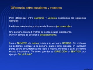 Diferencia entre escalares y vectores
Para diferenciar entre escalares y vectores analicemos los siguientes
ejemplos:
La distancia entre dos puntos es de 5 metros (es un escalar).
Una persona recorre 5 metros de donde estaba inicialmente.
(hay un cambio de posición o desplazamiento)
5 es el NÚMERO de metros y éste a su vez es la UNIDAD. Sin embargo
no podemos localizar a la persona, puede estar ubicada en cualquier
punto deuna circunferencia de radio 5 metros, medidos a partir de donde
estaba inicialmente. Tenemos que dar su DIRECCIÓN y SENTIDO, por
ejemplo 300
al S del O
 