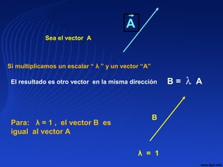 A
Sea el vector A
B = λ AEl resultado es otro vector en la misma dirección
Si multiplicamos un escalar “ λ ” y un vector “A”
Para: λ = 1 , el vector B es
igual al vector A
B
λ = 1
 