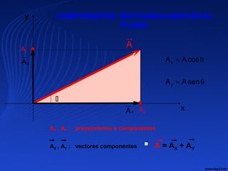 y
x
A
u
Ax
Ay

yA
u
xA
u
x
y
A Acos
A A sen
= θ
= θ
COMPONENTES RECTANGULARES EN EL
PLANO
AX , AY : proyecciones o componentes
AX , AY : vectores componentes A = AX + AY
 