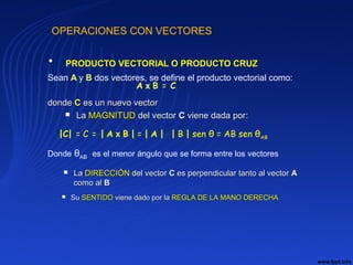 OPERACIONES CON VECTORES
• PRODUCTO VECTORIAL O PRODUCTO CRUZ
Sean A y B dos vectores, se define el producto vectorial como:
dondedonde CC es un nuevo vectores un nuevo vector
 LaLa MAGNITUDMAGNITUD del vectordel vector CC viene dada por:viene dada por:
A x B = C
|C| = C = | A x B | = | A | | B | sen θ = AB sen θAB
Donde θAB es el menor ángulo que se forma entre los vectores
 LaLa DIRECCIÓNDIRECCIÓN del vectordel vector CC es perpendicular tanto al vectores perpendicular tanto al vector AA
como alcomo al BB
 SuSu SENTIDOSENTIDO viene dado por laviene dado por la REGLA DE LA MANO DERECHAREGLA DE LA MANO DERECHA
 