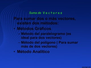 Para sumar dos o más vectores,
existen dos métodos:
• Métodos Gráficos
– Método del paralelogramo (es
ideal para dos vectores)
– Método del polígono ( Para sumar
más de dos vectores)
• Método Analítico
Suma de V e c t o r e s
 