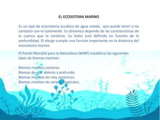 EL ECOSISTEMA MARINO
Es un tipo de ecosistema acuático de agua salada, que puede tener o no
contacto con el continente. Su dinámica depende de las características de
la cuenca que lo contiene. Su biota está definida en función de la
profundidad. El oleaje cumple una función importante en la dinámica del
ecosistema marino.
El Fondo Mundial para la Naturaleza (WWF) establece los siguientes
tipos de biomas marinos:
Biomas marinos costeros.
Biomas de mar abierto y profundo.
Biomas marinos de islas oceánicas.
Biomas marinos de corales tropicales.
 