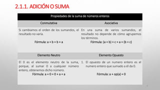 2.1.1. ADICIÓNO SUMA
6
Propiedades de la suma de números enteros
Conmutativa Asociativa
Si cambiamos el orden de los sumandos, el
resultado no varía.
Fórmula: a + b = b + a
En una suma de varios sumandos, el
resultado no depende de cómo agrupemos
los términos.
Fórmula: (a + b) + c = a + (b + c)
Elemento Neutro Elemento Opuesto
El 0 es el elemento neutro de la suma,
porque, al sumar 0 a cualquier número
entero, obtenemos dicho número.
Fórmula: a + 0 = 0 + a = a
1. El opuesto de un numero entero es el
numero entero que sumado a él da 0.
Fórmula: a + op(a) = 0
 