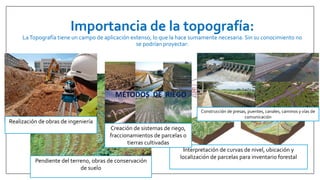 Pendiente del terreno, obras de conservación
de suelo
Interpretación de curvas de nivel, ubicación y
localización de parcelas para inventario forestal
Importancia de la topografía:
LaTopografía tiene un campo de aplicación extenso, lo que la hace sumamente necesaria. Sin su conocimiento no
se podrían proyectar:
Realización de obras de ingeniería
Creación de sistemas de riego,
fraccionamientos de parcelas o
tierras cultivadas
Construcción de presas, puentes, canales, caminos y vías de
comunicación
 