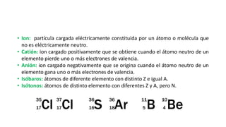 • Ion: partícula cargada eléctricamente constituida por un átomo o molécula que
no es eléctricamente neutro.
• Catión: ion cargado positivamente que se obtiene cuando el átomo neutro de un
elemento pierde uno o más electrones de valencia.
• Anión: ion cargado negativamente que se origina cuando el átomo neutro de un
elemento gana uno o más electrones de valencia.
• Isóbaros: átomos de diferente elemento con distinto Z e igual A.
• Isótonos: átomos de distinto elemento con diferentes Z y A, pero N.
Cl
35
17 Cl
37
17 S
36
16 Ar
36
18 B
11
5 Be
10
4
 